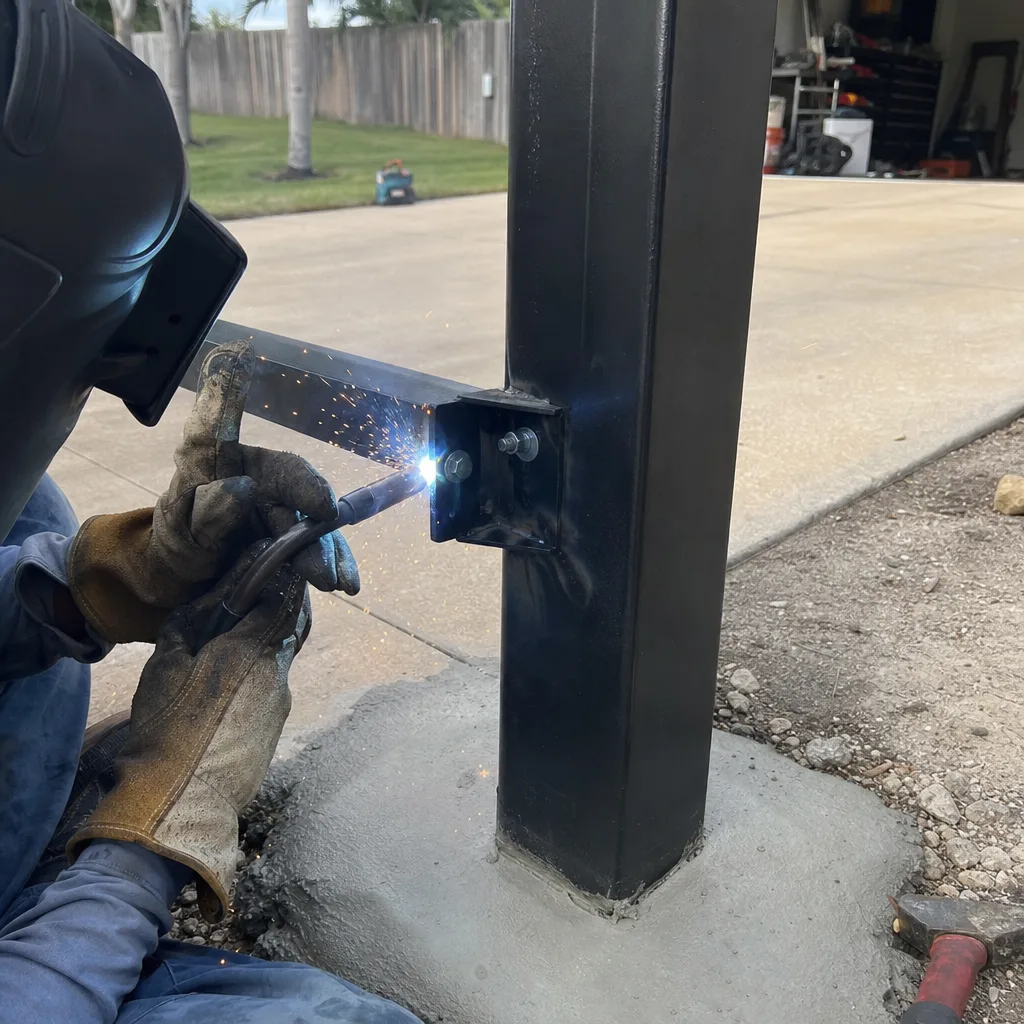 Professional welder performing metal gate installation and repair