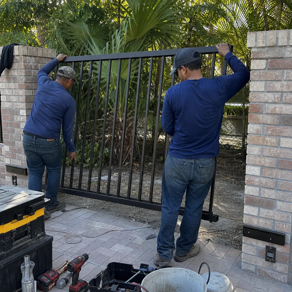 Two professional contractors installing a metal gate between brick pillars