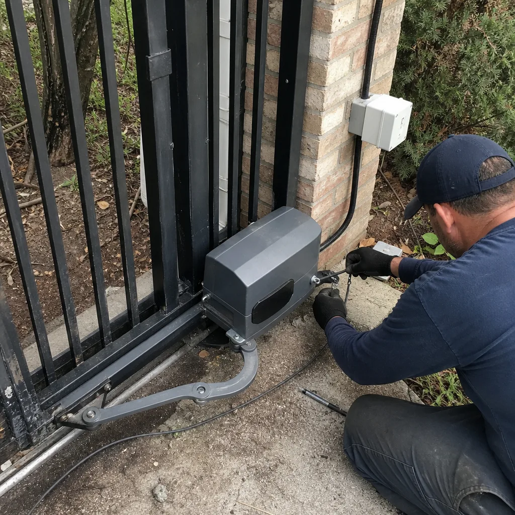 Technician performing professional automatic gate motor and opener maintenance and repair