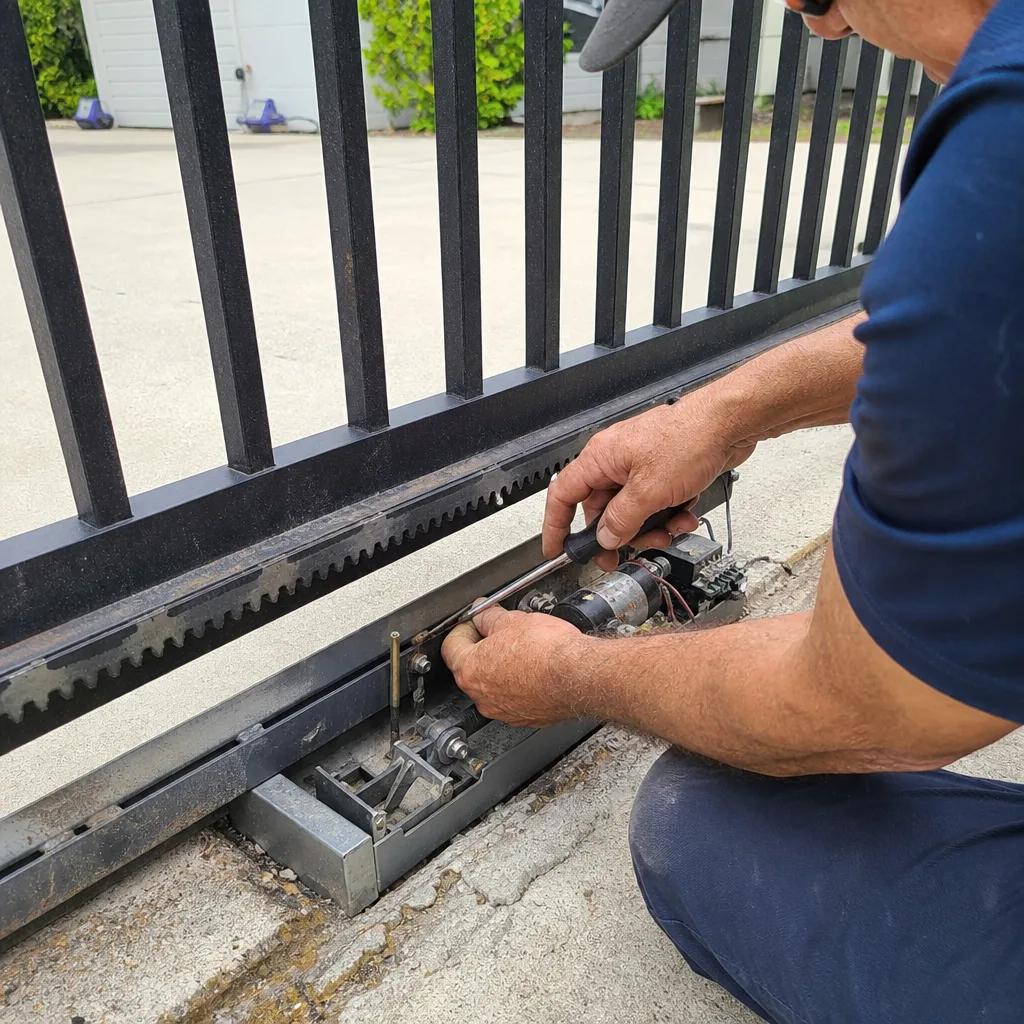 Technician performing professional sliding gate motor and opener repair service