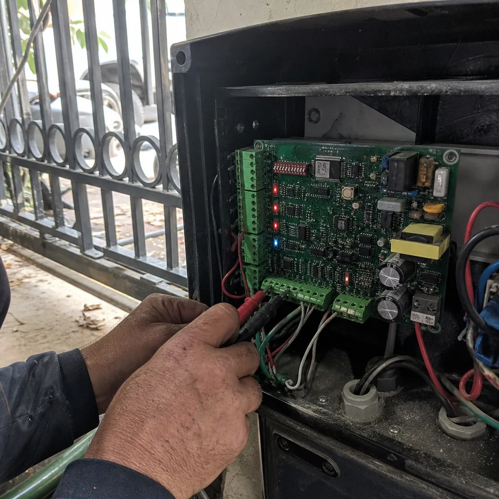 Technician using a multimeter to repair an automatic gate motor control board