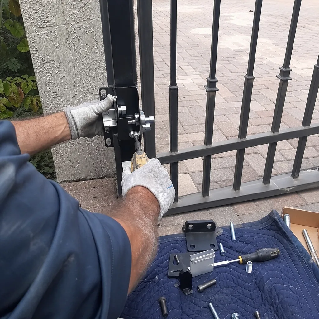 Technician using power drill to install metal gate latch hardware